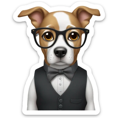 A dog wearing glasses, a black button up shirt and a dark grey vest  sticker