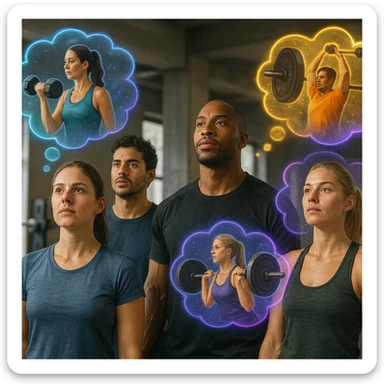 realistic style, group of people imagining training with weights, visual effects representing their thoughts, 2:3 aspect ratio sticker