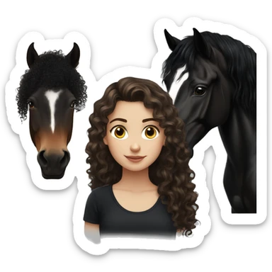 White girl, black shirt, long dark brunette curly hair, next to a black spanish horse sticker