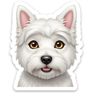 Cinematic Cute West Highland White Terrier Portrait Emoji, Head tilted playfully and inquisitively, featuring a fluffy, immaculate white coat with perky ears, round, sparkling dark eyes filled with curiosity, Simplified yet irresistibly adorable features, highly detailed, glowing with a warm, friendly glow, high shine, affectionate and lively, stylized with a touch of whimsy, bright and endearing, soft glowing outline, capturing the essence of a mischievous yet loving pup, so playful it feels like it could bound out of the screen and into your arms! sticker