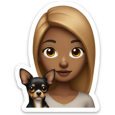 black haired caramel skin girl holding a brown tri colored chihuahua  sticker