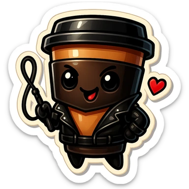 Tall coffee cup, dressed in leather holding a whipping crop, mischevious, heart sticker