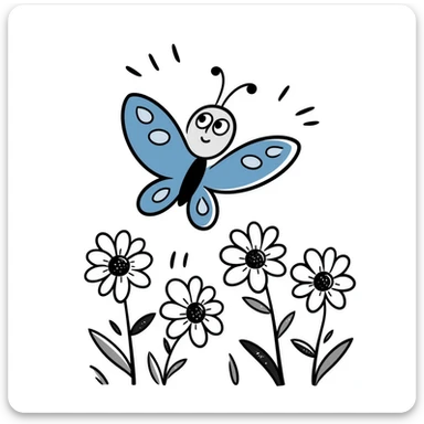 Blue butterfly with a cheerful smile flying around spring flowers and sunshine sticker