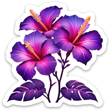 Iridescent tropical exotic beautiful pretty Purple pink and orange gradient hibiscuses sunset sunrise full scenery aesthetic deco sticker