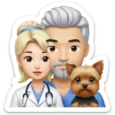 Blonde nurse with a black pointy hair full goatee and muscular hot asain Korean man with one silver hair yorkie.  sticker