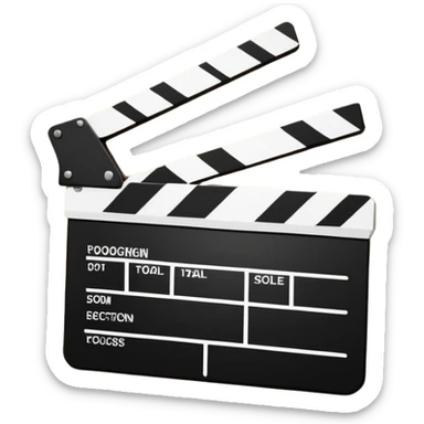 Minimalist film clapperboard, black and white, clean geometric shapes with diagonal line sticker