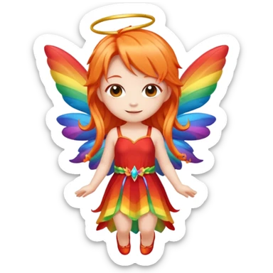 fairy with long orange hair, rainbow wings, red dress, happy, chibi full body sticker