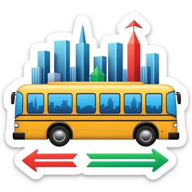 a sleek angled bus and three colorful arrows leading to city symbols, Apple emoji style sticker