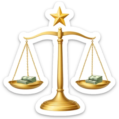 A balanced scale with dollar bills on the left side and three stars on the right side sticker