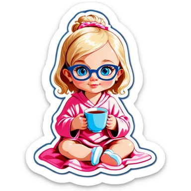 Blonde baby blue eyes gold glasses cup of tea pink blanket sticker