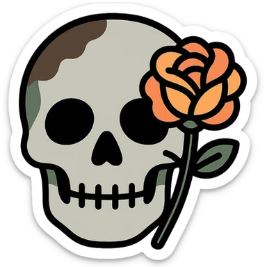 A light grey, slightly eerie skull with soft, rounded features and a haunting aura. One of its hollow eye sockets holds a delicate rose, its petals in shades of peach (FFCC9A) and soft orange (FA9B41), contrasting beautifully against the grey skull. The skull’s surface is textured with subtle hints of muted taupe brown (96775A) and deep forest green (4A7C5C), giving it a weathered, mystical look. The background is dark and atmospheric, with soft lighting highlighting the contrast between the cold, light grey of the skull and the warmth of the rose. The scene feels both macabre and elegant, with a touch of gothic beauty sticker