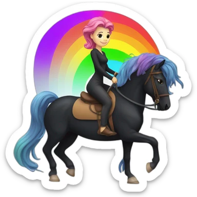 Woman with long rainbow hair riding a black walking horse sticker