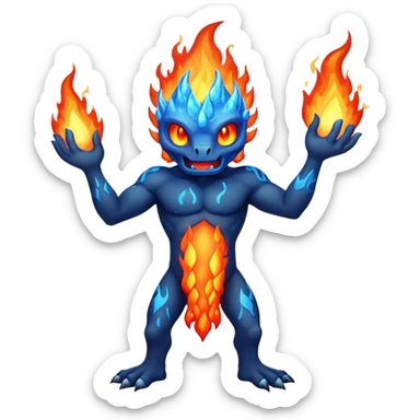 a mystical fast lava creature without arms with molten lava on its head and some rocky shoulders, fire crystals, blue flames, fire legs, no background sticker