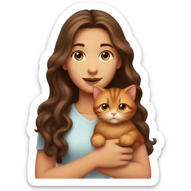 A girl with long wavy brown hair and brown eyes holds a red kitten sticker