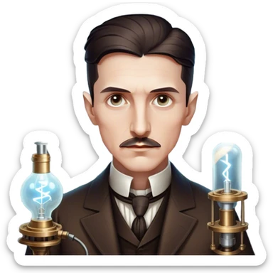 Nikola Tesla – Cinematic Realistic Portrait of Nikola Tesla, depicted as a visionary inventor with intense, thoughtful eyes and period attire, surrounded by subtle arcs of electric light and early laboratory apparatus, rendered with dramatic lighting that evokes mystery and innovation. sticker