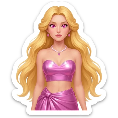 Aphrodite from Greek Mythology with pink eyes, long blonde hair, pink metallic sweetheart crop top, pink metallic wrap long skirt, pink necklace and earrings sticker