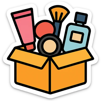 an opened box with various beauty items spilling out, including makeup, skincare, and perfume sticker