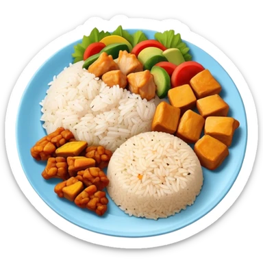 Full meal plate with rice, chicken pieces, and Puerto Rican vegetable mix sticker