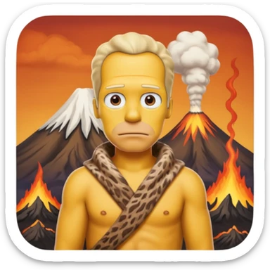 a simpson guy wearing ancient animal skin cloth with volcano behind, half body, icon sticker