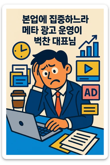 A busy business owner looking stressed, surrounded by work and digital ads, with a worried expression, in a relatable, modern illustration style, Korean text: '본업에 집중하느라 메타 광고 운영이 벅찬 대표님', simple background sticker
