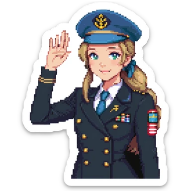 girl with dirty blonde ponytail, cruise captain uniform, waving at the camera sticker