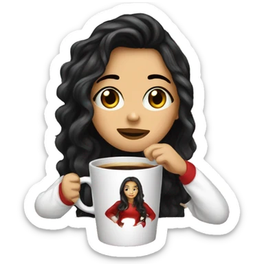 a white girl wirh a wavy black hair drinking coffe with ª christmas pijama  sticker