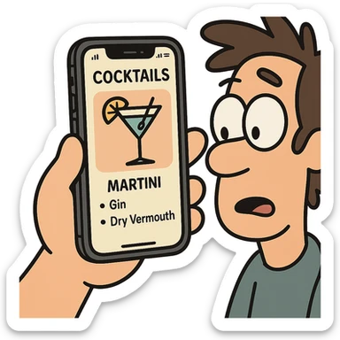 hand holding an iPhone with a cocktail app open, cartoon flat toon style sticker