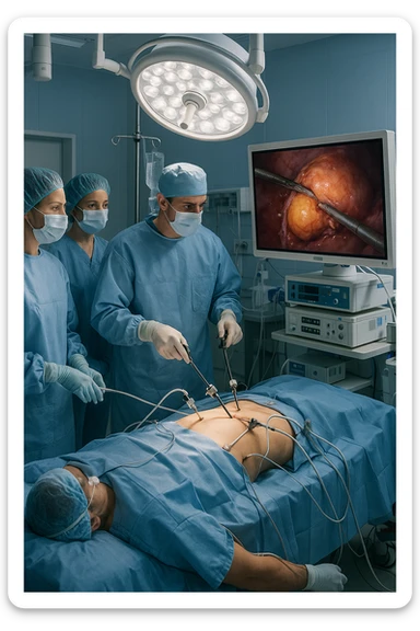 A realistic, clinical image inside a modern operating room during a laparoscopic cholecystectomy (gallbladder removal surgery). A team of surgeons in sterile gowns, masks, and gloves focus intently on the patient lying on the operating table. High-tech laparoscopic instruments are inserted through small incisions in the patient’s abdomen. On a large screen nearby, a close-up video feed shows the gallbladder being carefully dissected and removed using precise surgical tools. The environment is brightly lit with cool white surgical lights, and all medical equipment is clean and state-of-the-art. The mood is professional and sterile, conveying a sense of precision, care, and medical expertise. The patient is under anesthesia, covered with sterile drapes, with monitoring devices attached sticker