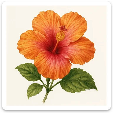 realistic hibiscus flower with orange and pink petals, detailed botanical illustration sticker