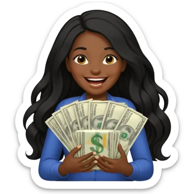 laughing dark long haired woman holding lots of money sticker