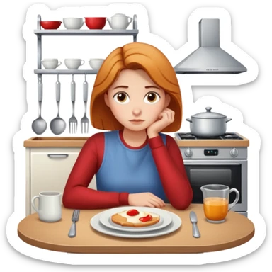 26-year-old woman at a small kitchen table with a single plate, looking pensive sticker