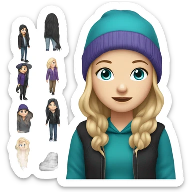 White girl, blue eyes, long teal hair, purple beanie hat, black hoodie, blue jeans, black shoes sticker
