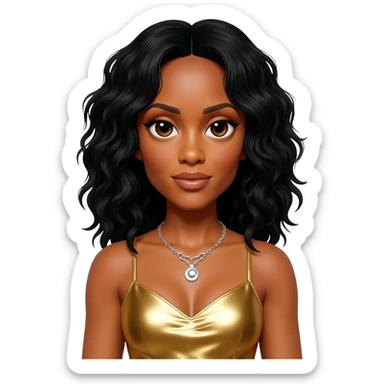 Kelly Rowland from Destiny's Child with black hair, gold metallic dress, silver necklace sticker