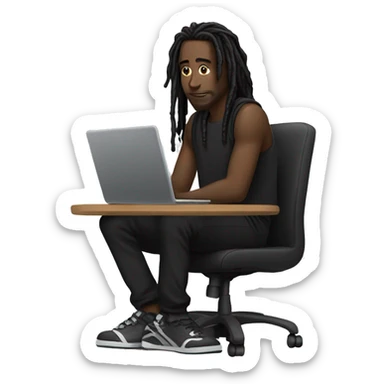 Black-guy-with-dreads-wearing-black-trackstuit-sitting-down-on-chair facing-foward-focused-on-laptop-computer- sticker