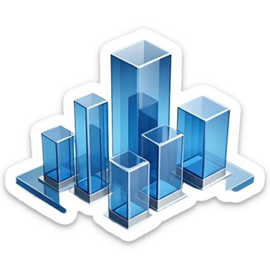 A minimalist 3D illustration of abstract glass buildings in blue tones, made of transparent glass-like materials with soft lighting and subtle reflections, isometric perspective, white background, futuristic architecture concept, volumetric light, clean render, high detail, no text sticker