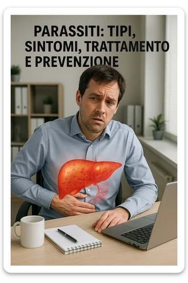 Man sitting at office desk experiencing subtle symptoms of liver dysfunction, upper abdominal pain, nausea, and unexplained fatigue Parasites: Types, Symptoms, Treatment & Prevention, expression of confusion about vague health issues, liver shown in transparent overlay with early inflammation, toxins beginning to accumulate in bloodstream, productivity declining as liver struggles to filter properly in italiano sticker
