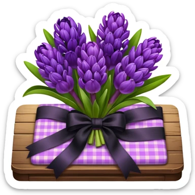 A lush bouquet of bright prple color Hyacinths black satin ribbon, resting on an antique wooden table, with a pale yellow and pink plaid pattern table cloth sticker