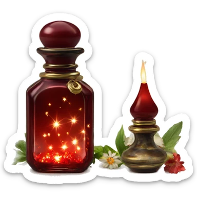 Dark red magic fairy light sparkling old Antique oil perfume bottle with herbal and flowers sticker