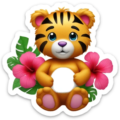 Care bear with tiger print fur and a hibiscus flower at the center of it’s white belly  sticker