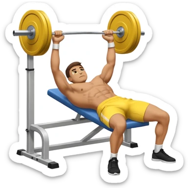 man performing a laying down bench press with cloths on, side angle, in yellow apply emoji format sticker