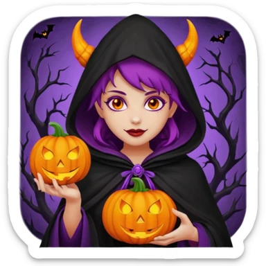 female-succubus-emoji,-red-skin,-purple-eyes,-elegant-face,-pumpkin-wreath-on-head,-black-hooded-cloak-with-cobweb-details,-holding-small-glowing-pumpkin-lantern,-halloween-fantasy sticker