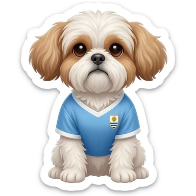 white and light brown shih zhu wearing a Uruguay soccer jersey v neck 2026 work cup sticker