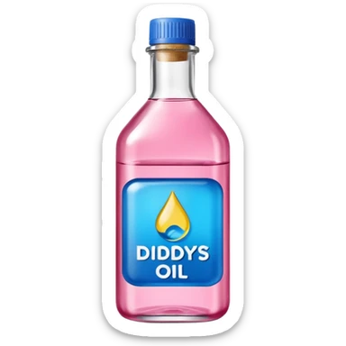 bottle of oil blue top pink outside with logo that says Diddys Oil sticker