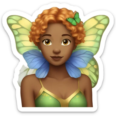 Beautiful, cornflower, fairy, green, gold, chest length ginger hair, big green and gold butterfly wings sticker