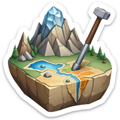 An icon featuring a rock hammer, a fossil, and a geological map, symbolizing geology. The design includes layers of the Earth, a crystal, and a mountain range, representing the study of Earth's structure, materials, and natural processes. Transparent background highlights geological research sticker
