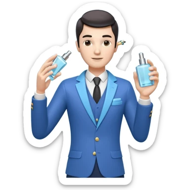 stylish man spraying perfume, holding a perfume bottle, mist spray in the air, elegant pose, 3D cartoon, mobile game icon style, clean background, no text, no watermark

 sticker