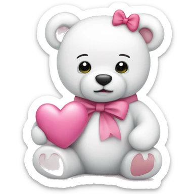 White teddy bear with pink bow holding pink heart sticker