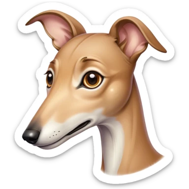 Cinematic Cute Fawn Greyhound Portrait Emoji, Head tilted playfully and inquisitively, featuring a sleek fawn Fur with a gentle sheen, round, sparkling eyes filled with curiosity, Simplified yet irresistibly adorable features, highly detailed, glowing with a warm, friendly glow, high shine, affectionate and nimble, stylized with a touch of whimsy, bright and endearing, soft glowing outline, capturing the essence of a mischievous yet loving racer, so playful it feels like it could sprint out of the screen and into your arms! sticker