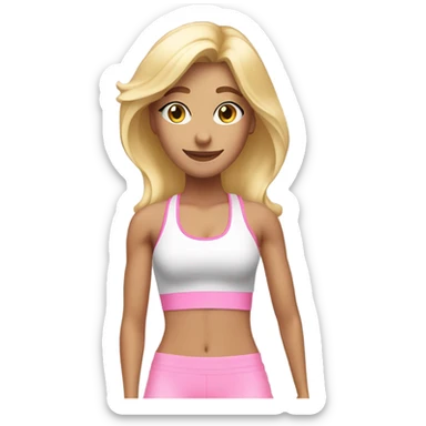 Blonde white fitness girl in light pink clothes with fitness mat sticker