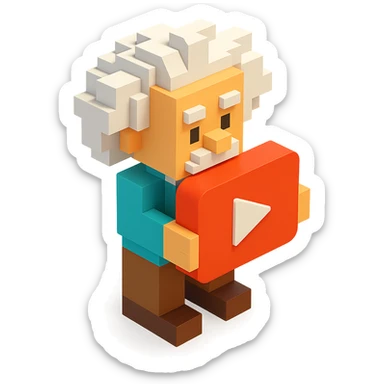 voxel style Albert Einstein holding a red YouTube play button, isometric view sticker